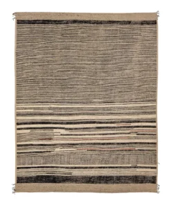 Modern Moroccan Bohemian Style Black and Beige Handmade Striped Motif Wool Rug
