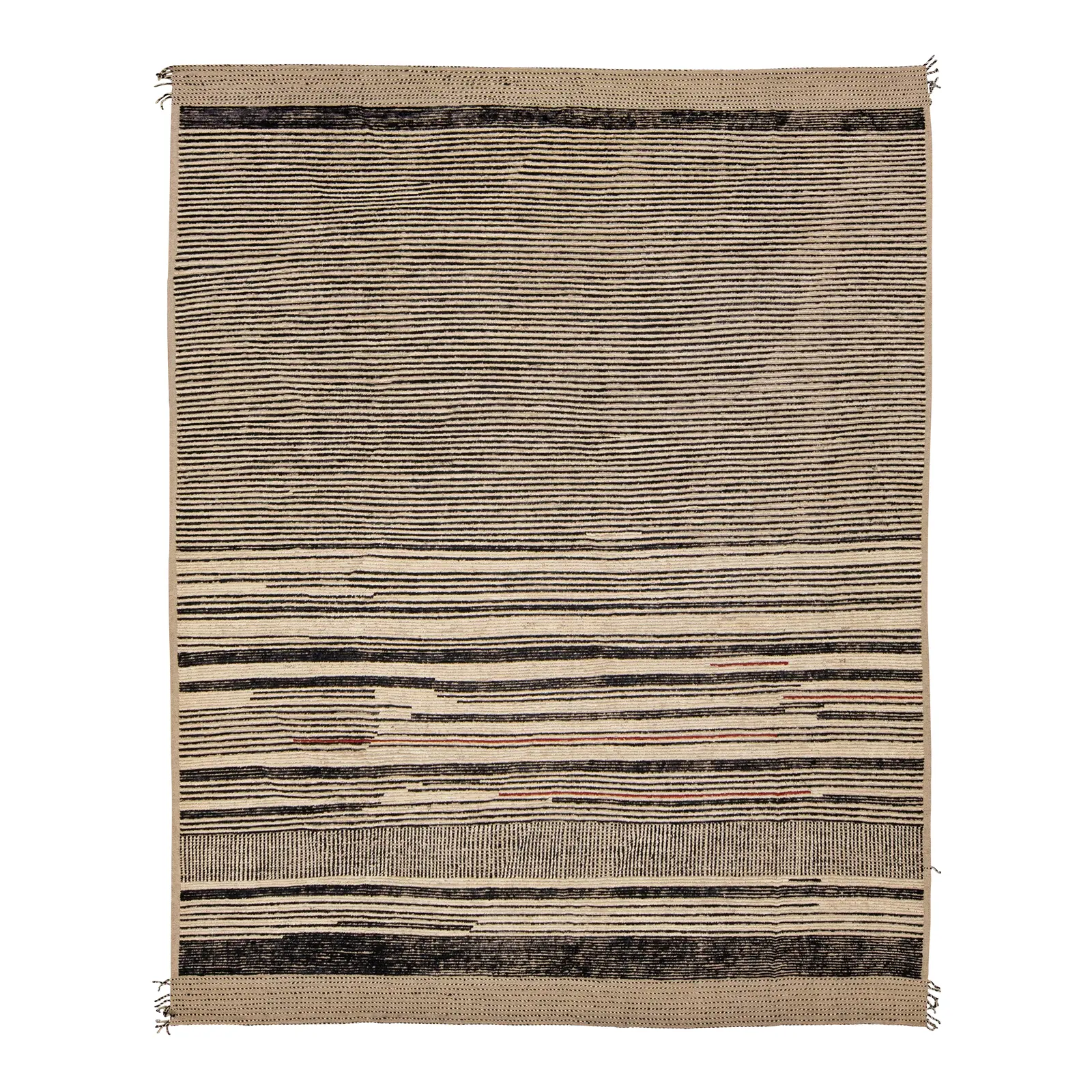 Modern Moroccan Bohemian Style Black and Beige Handmade Striped Motif Wool Rug