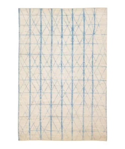 Modern Moroccan Style Beige and Blue Handmade Geometric Oversize Wool Rug