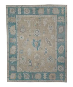 Turkish Oushak Rug Taupe, Gray, and Blue Handwoven Wool Rug 8'11" X 12'2"