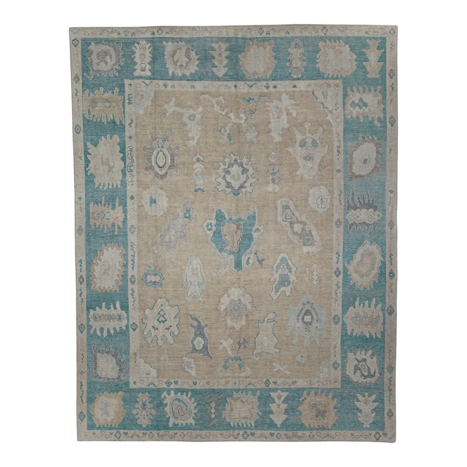 Turkish Oushak Rug Taupe, Gray, and Blue Handwoven Wool Rug 8'11" X 12'2"